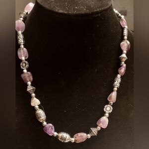 Purple Amethyst Quartz Silver Tone DECORATIVE BEADS Beaded Necklace 10" Drop